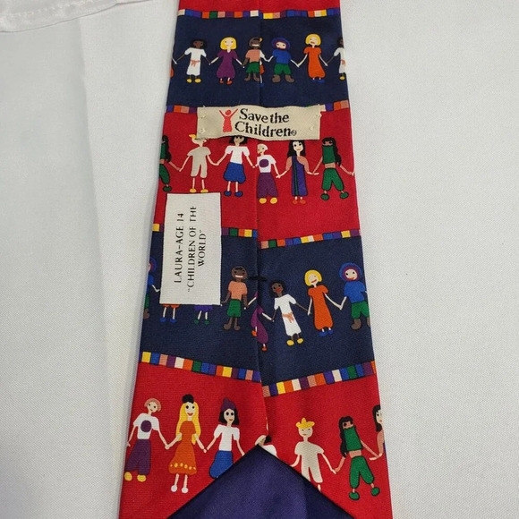 Save The Children Mens Tie Children Holding Hands Necktie Red & Blue Colorful - Picture 2 of 3